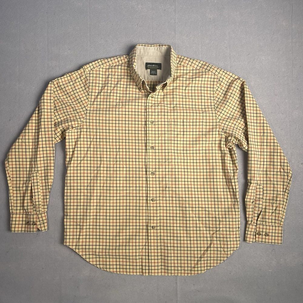 Eddie Bauer Casual Flannel Shirt Men Large Yellow Plaid‎ Long Sleeve Heavyweight